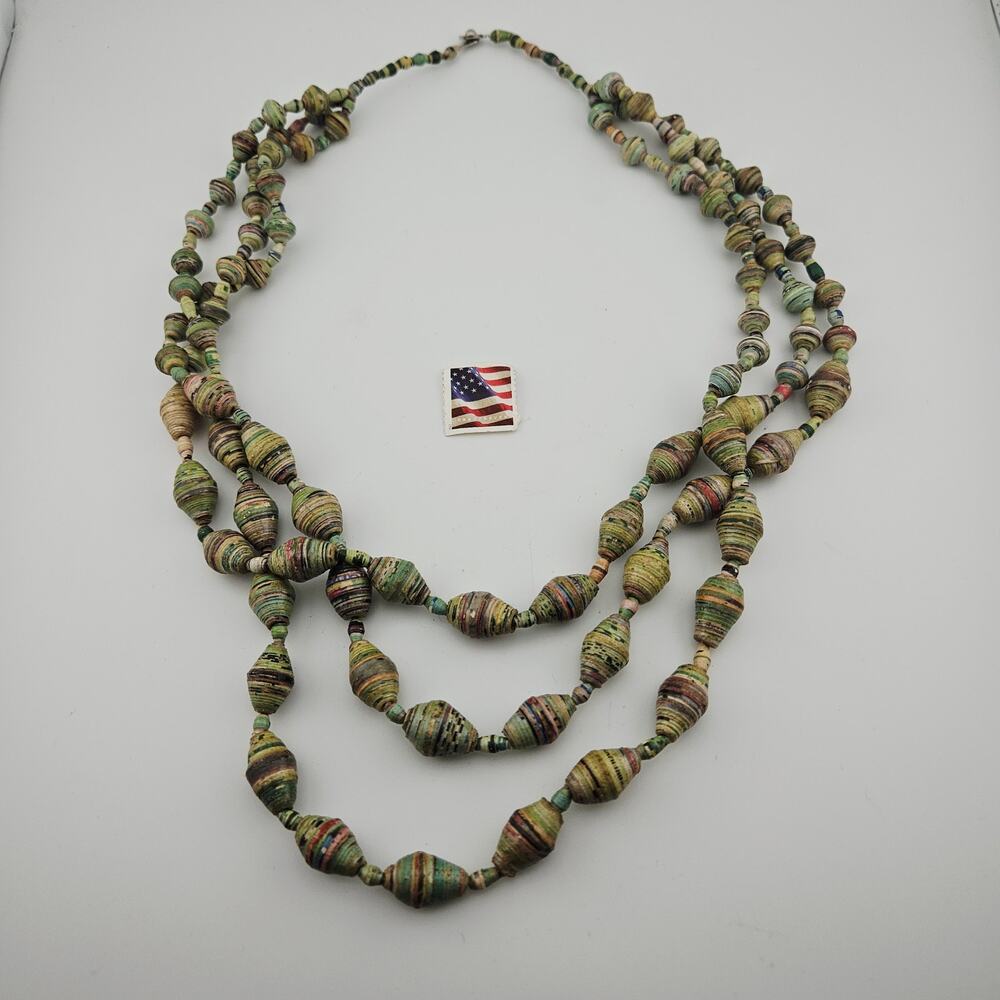 Multistrand Paper Beaded Necklace Green Chunky Artsy Boho Artesian Forest Nymph - Picture 5 of 6